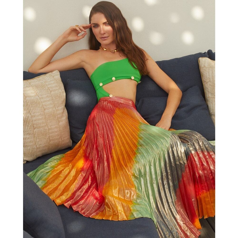 Alice + Olivia Katz Pleated Silk Rave Sunburst Dip Dye Maxi Skirt Rainbow Size 0